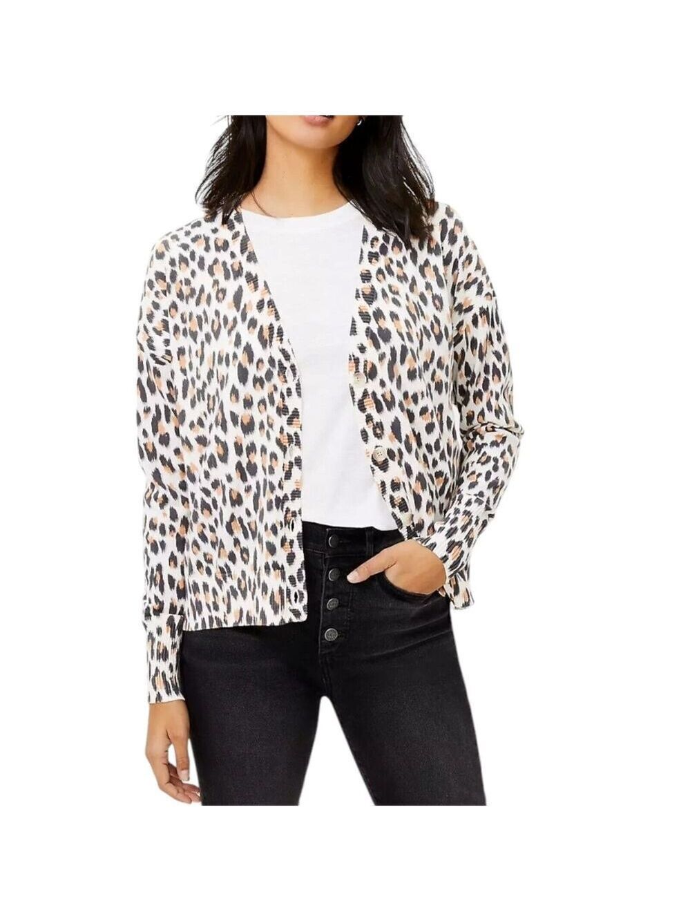 LOFT Leopard Print V-Neck Cardigan Sweater Women Color Cream/Gray Size Small